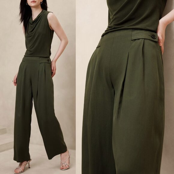 Banana Republic Tencel Pleated Pant Wide Leg Size 6 Steel Olive Green High Waist - Picture 3 of 15